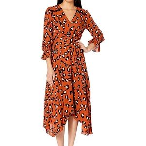 NWT Tahari Animal Leopard Print Wrap Midi Dress With Asymmetrical Hem